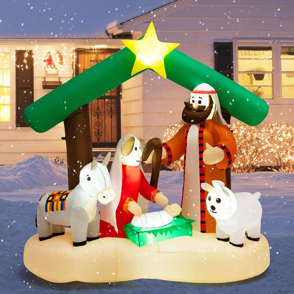 Outdoor nativity scene inflatable with LED-lit star, stable roof, Holy Family, donkey and sheep