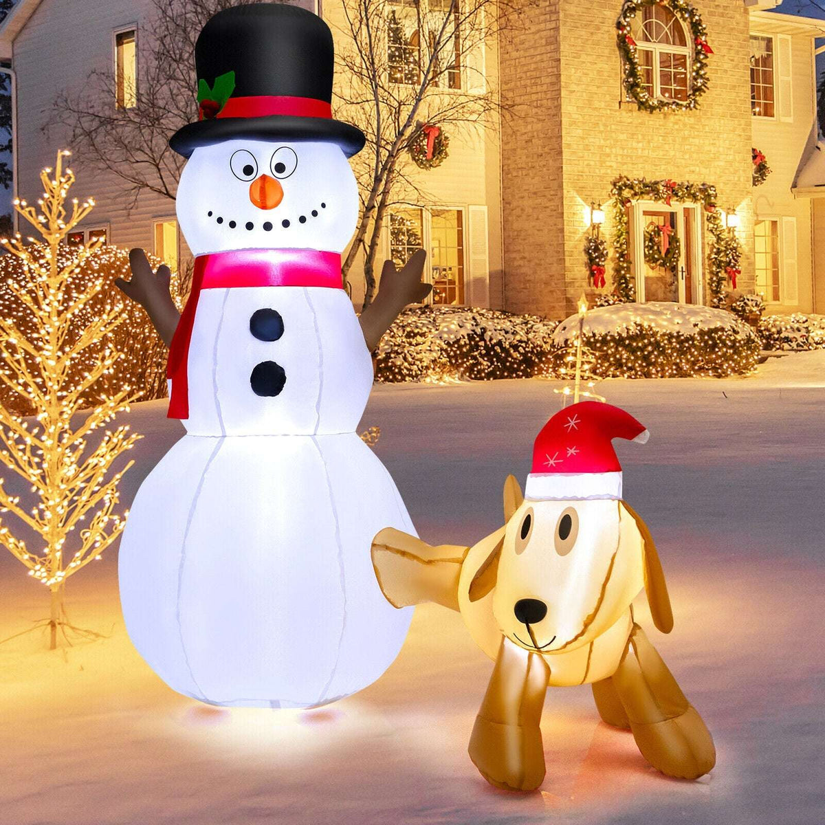 Inflatable snowman and dog decoration with red and black holiday hats