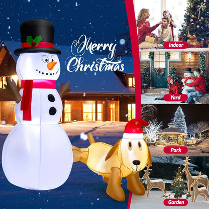 Inflatable snowman and dog holiday decoration shown in a Christmas setting