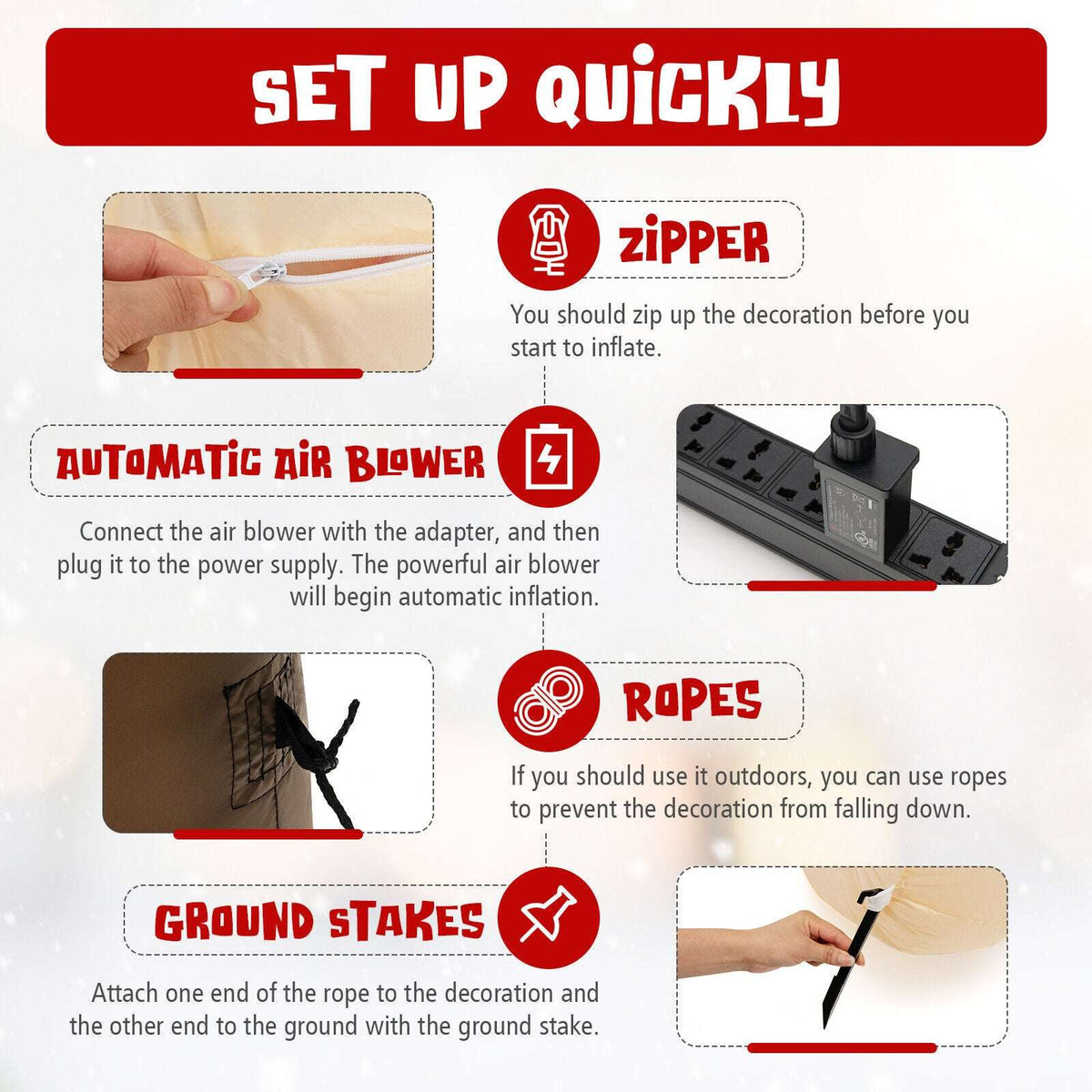 Inflatable nativity scene setup details showing zipper, air blower, ropes and ground stakes