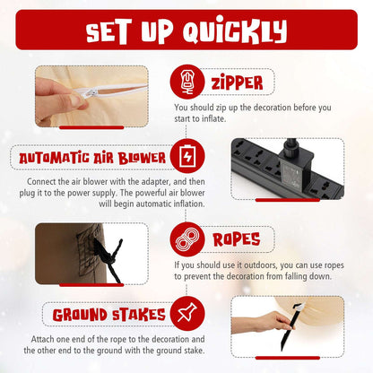 Inflatable nativity scene setup details showing zipper, air blower, ropes and ground stakes