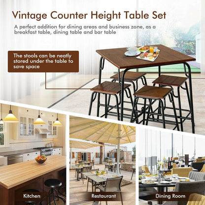 Five-piece counter-height table set with four stools shown in dining and restaurant settings.