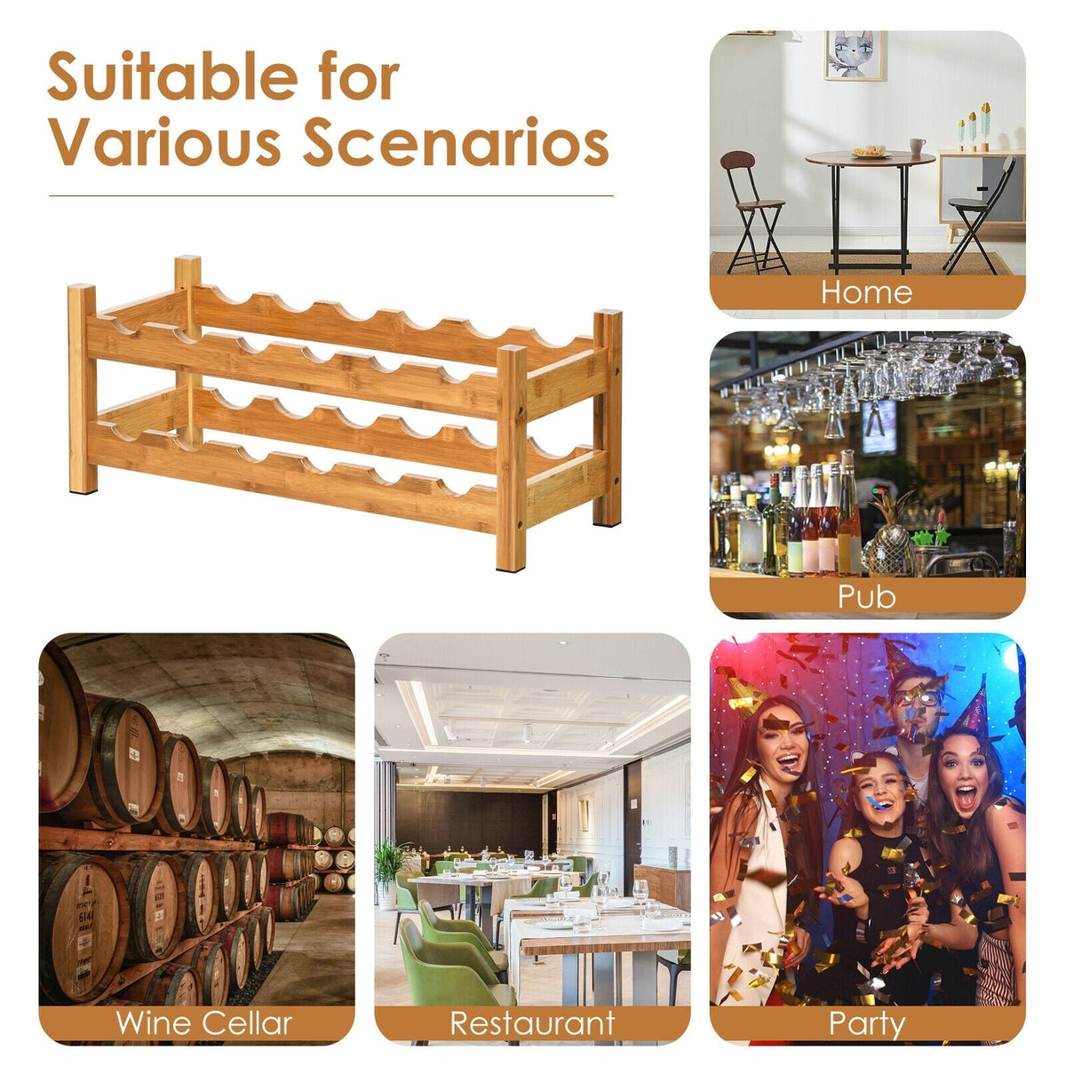 2-Tier Bamboo Wine Rack for 12 Bottles with Horizontal Storage