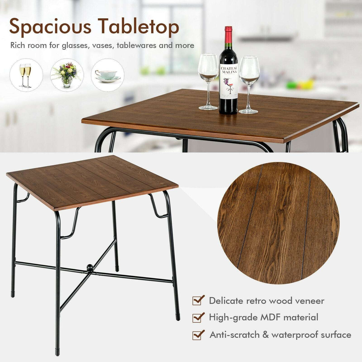 Close view of the rustic brown wood-look tabletop and black metal table frame.