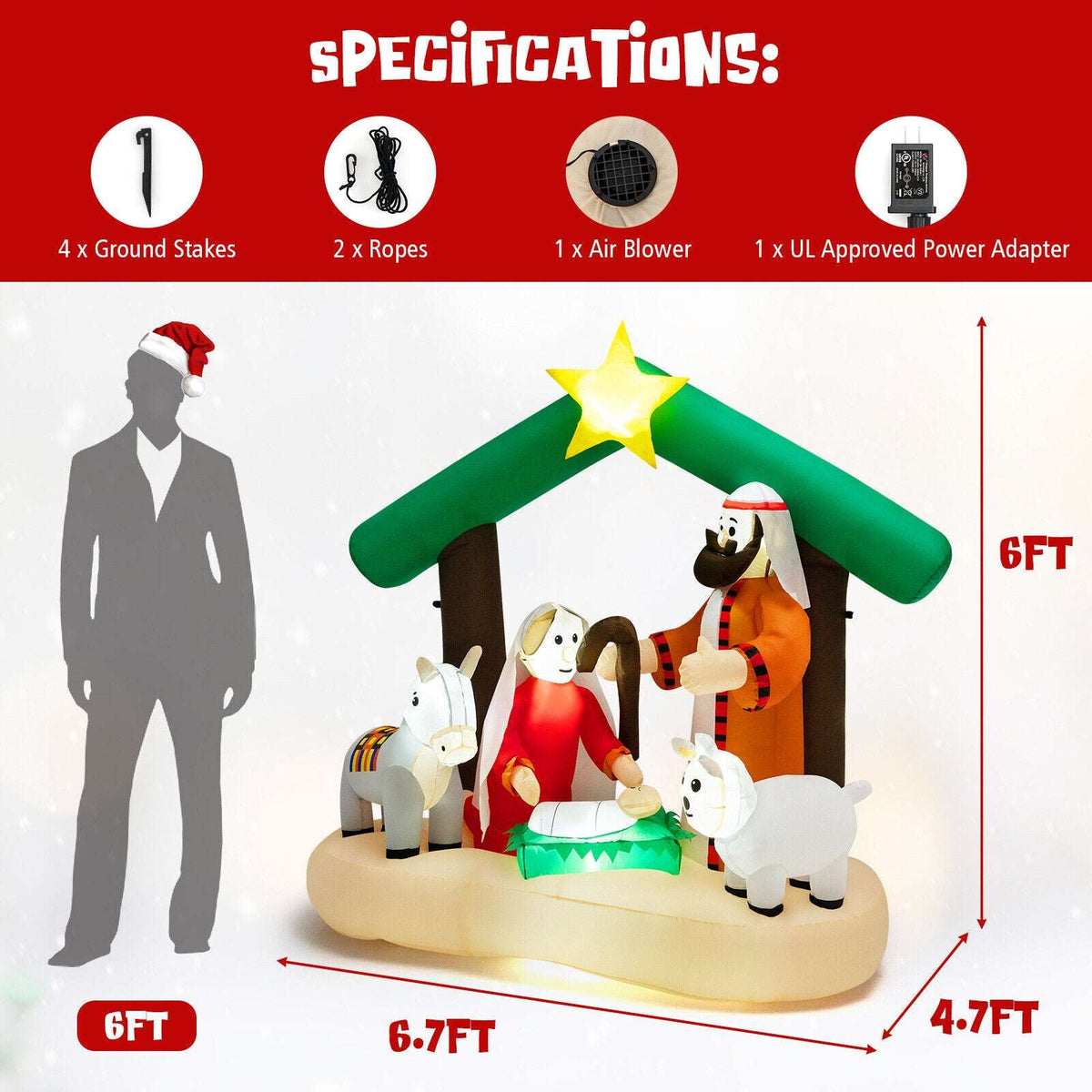6.7-foot nativity scene inflatable with LED star, stable, Holy Family and animals; includes stakes, ropes and blower