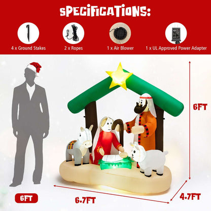 6.7-foot nativity scene inflatable with LED star, stable, Holy Family and animals; includes stakes, ropes and blower