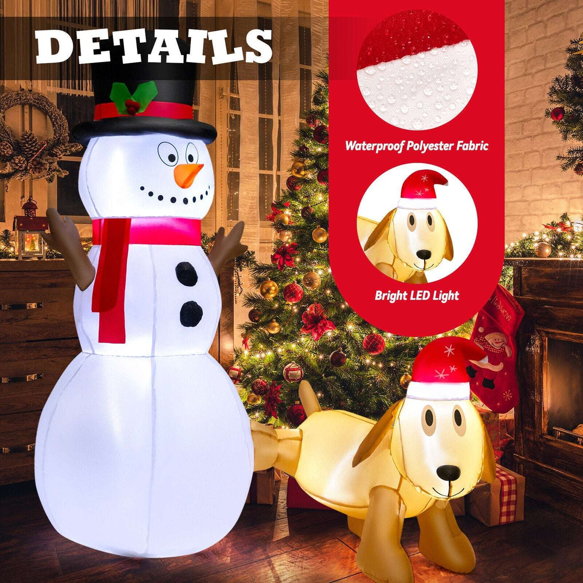 Inflatable snowman and dog decoration with close-up details of fabric and LED lighting