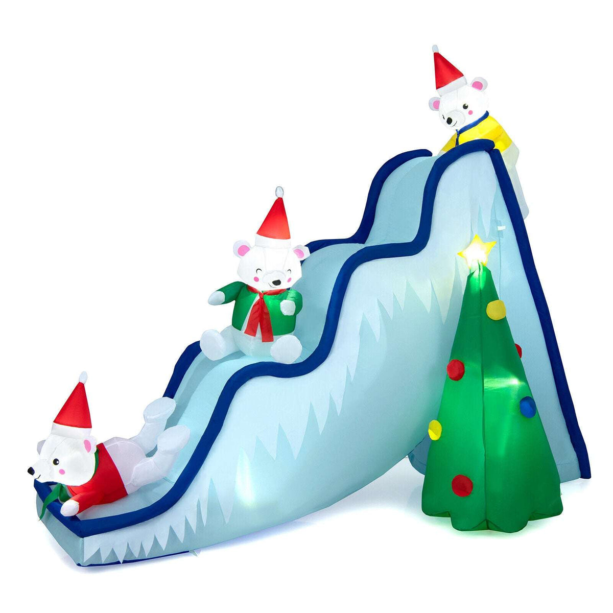 Inflatable polar bear slide with three bears, blue rails and a light-up Christmas tree