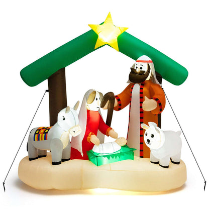 Full inflatable nativity scene with green stable roof, star, Holy Family, donkey and sheep