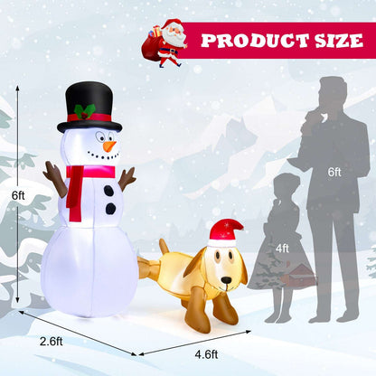 Inflatable snowman and dog decoration with height and footprint dimensions marked