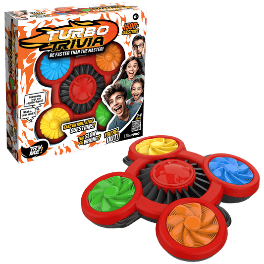 Turbo Trivia electronic family quiz game with colorful spinner discs and red base