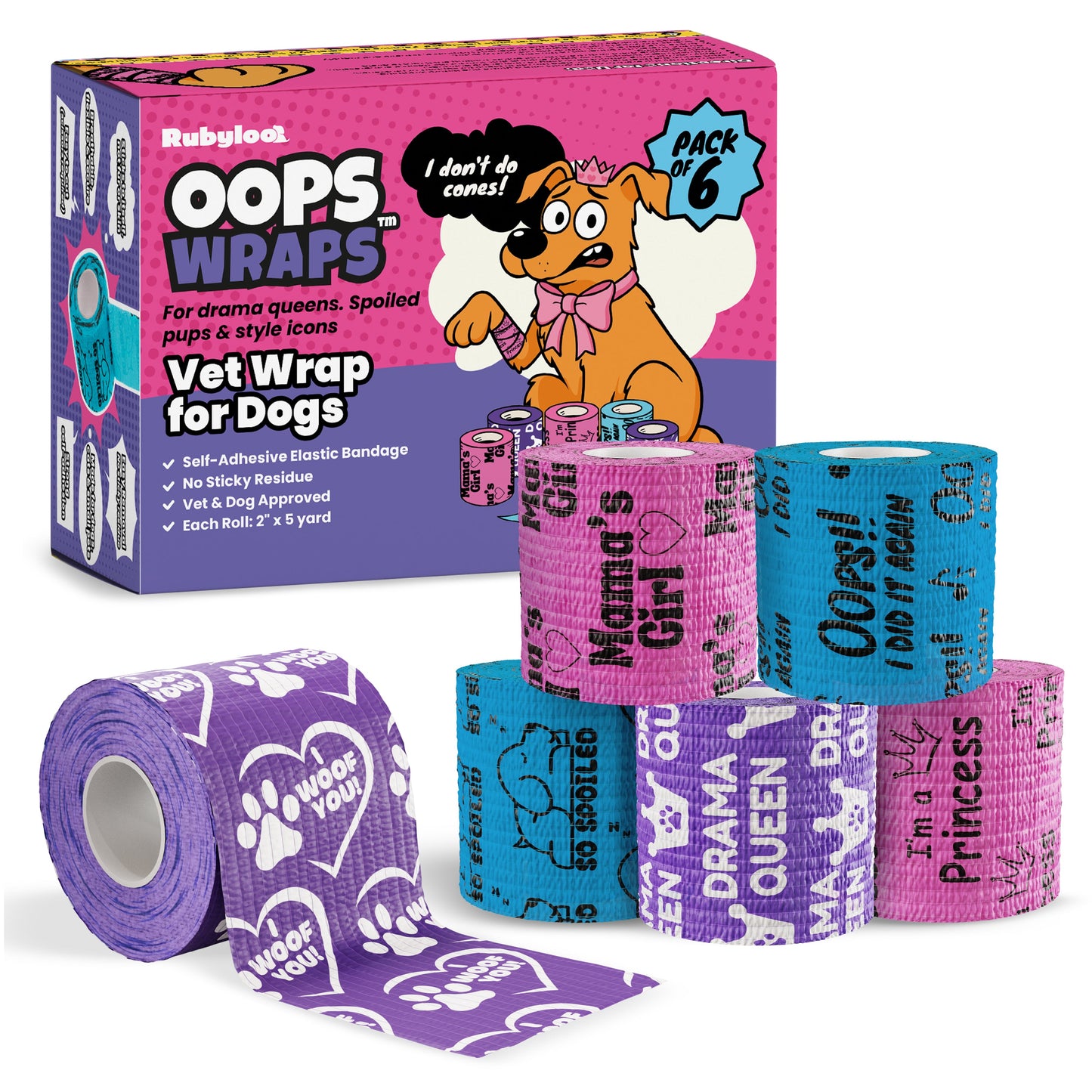 Rubyloo Oops Wraps™ | Non-Stick Cohesive Vet Wrap for Dogs | Funny Sayings | 6 or 12 Pack