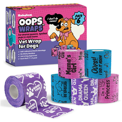 Rubyloo Oops Wraps™ | Non-Stick Cohesive Vet Wrap for Dogs | Funny Sayings | 6 or 12 Pack
