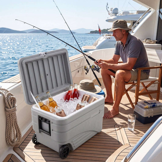 Wheeled gray cooler with open lid and pull handle, used for drinks and ice storage