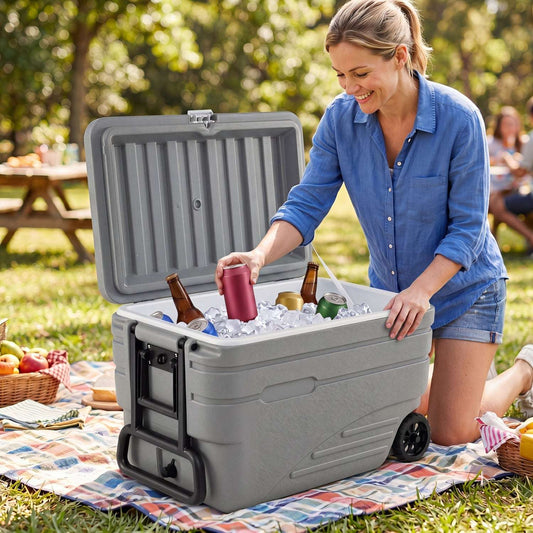 Gray wheeled cooler with open lid, front access panel, and pull handle