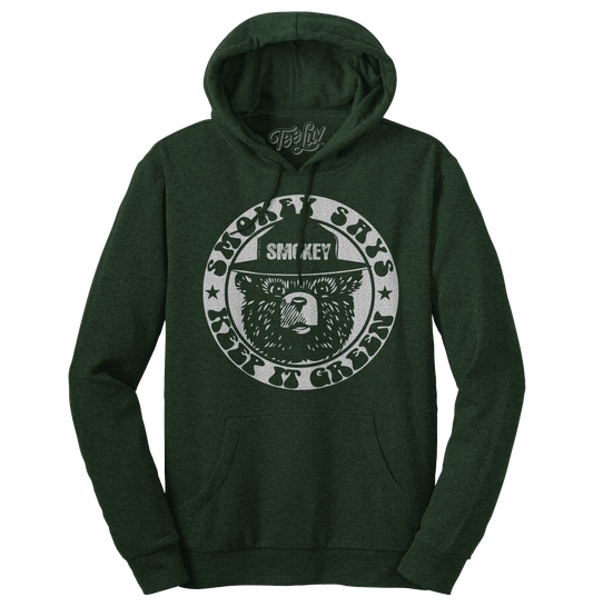 Forest green pullover hoodie with large Smokey Bear circular chest graphic and hood