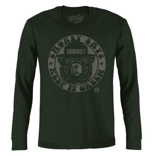 Forest green long-sleeve t-shirt with Smokey Bear Keep It Green circular graphic