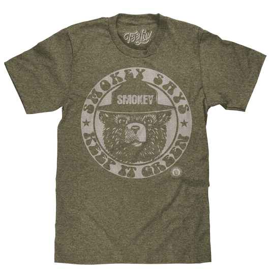 Forest green heather T-shirt with Smokey Bear circular logo graphic