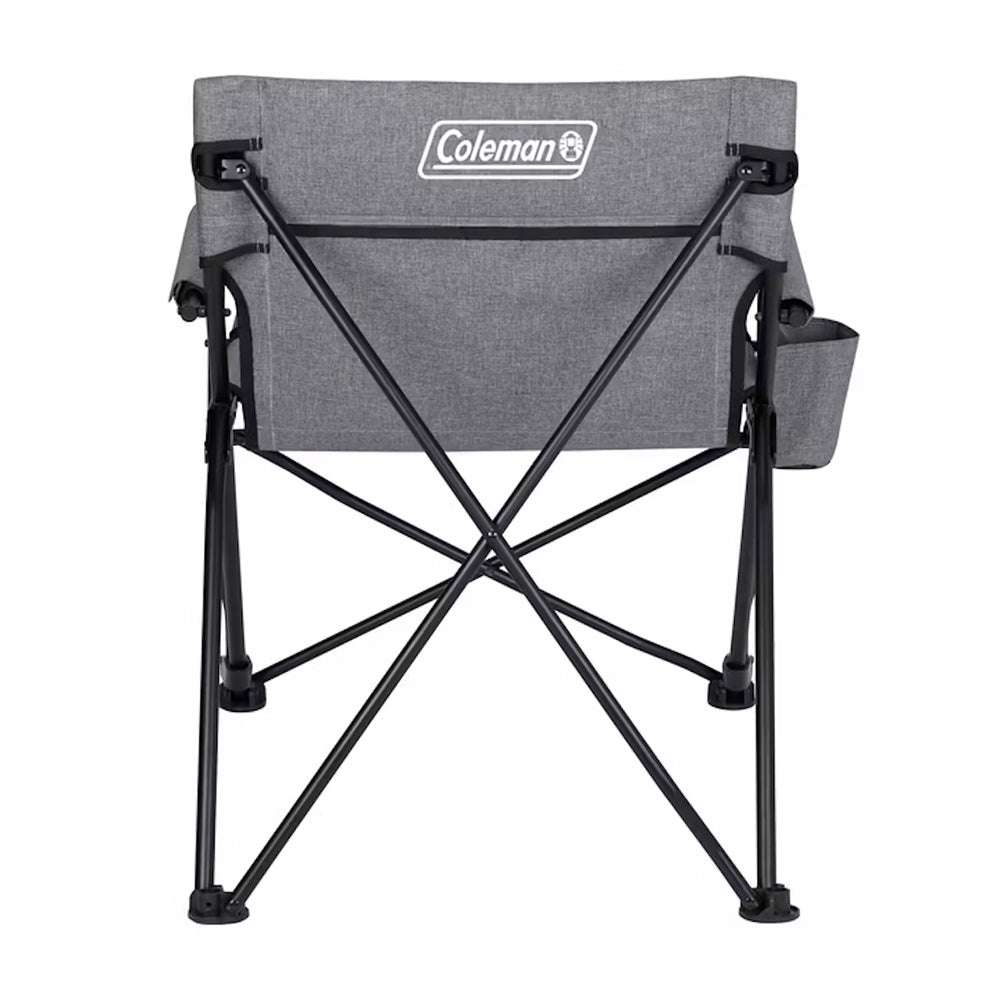 Grey Coleman folding deck chair, front view with cup holder pouches on sides