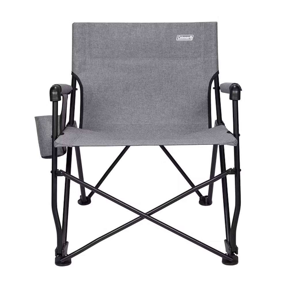 Grey Coleman folding deck chair, back view with padded backrest and side pockets