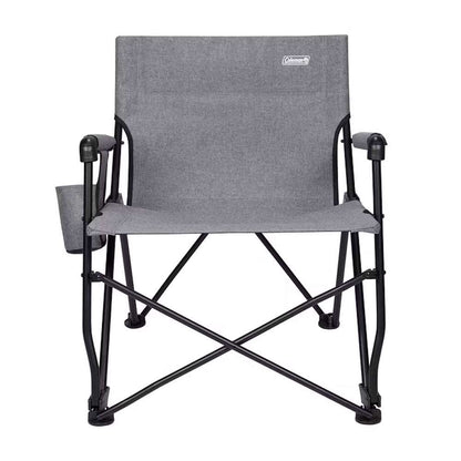 Grey Coleman folding deck chair, back view with padded backrest and side pockets