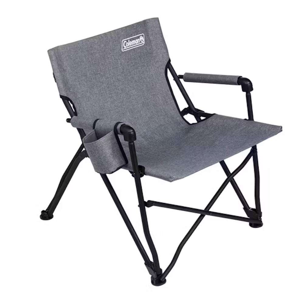Grey Coleman folding deck chair with armrests and fabric cup holder pouch