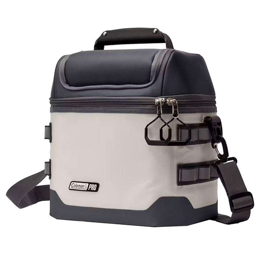 Coleman Pro 16-can soft cooler in light gray with dark top and zipper, front logo