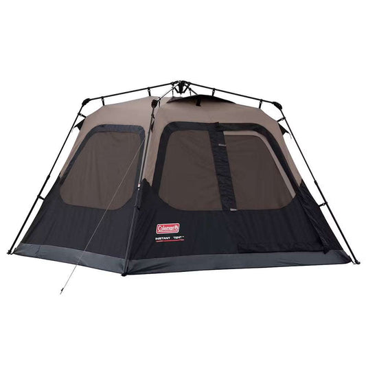 Black cabin camping tent with two front doors and mesh windows, front view