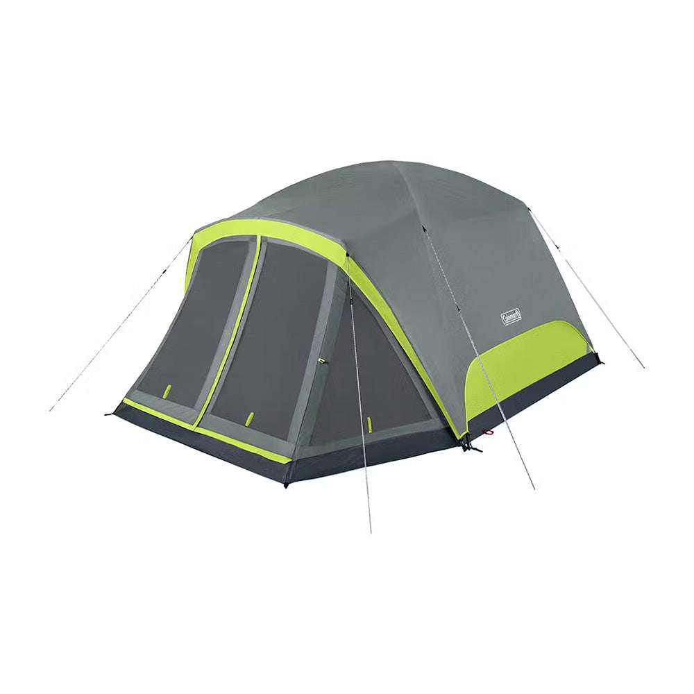 6-person camping tent with screen room, rock grey fabric and neon green accents