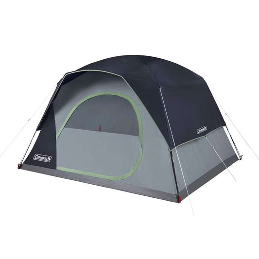 Blue dome camping tent with gray door, green trim, and open front window panels