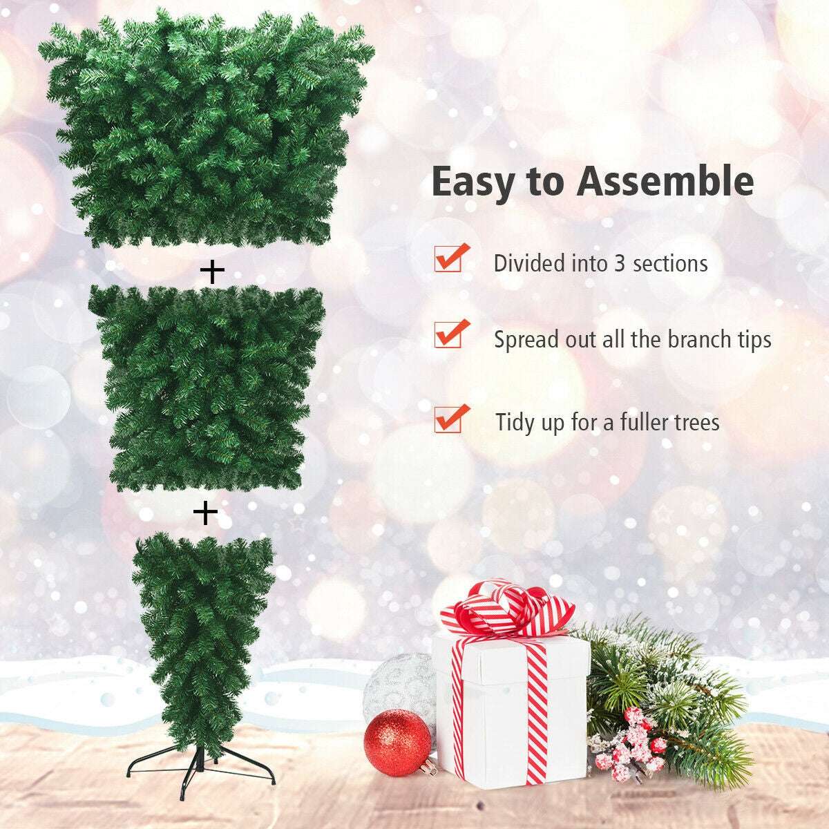 Artificial Christmas tree shown in three assembly sections with branches spread out