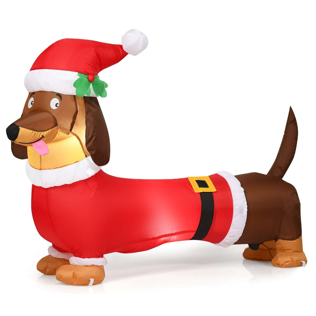Inflatable Christmas dog with Santa hat, belt, and long brown body