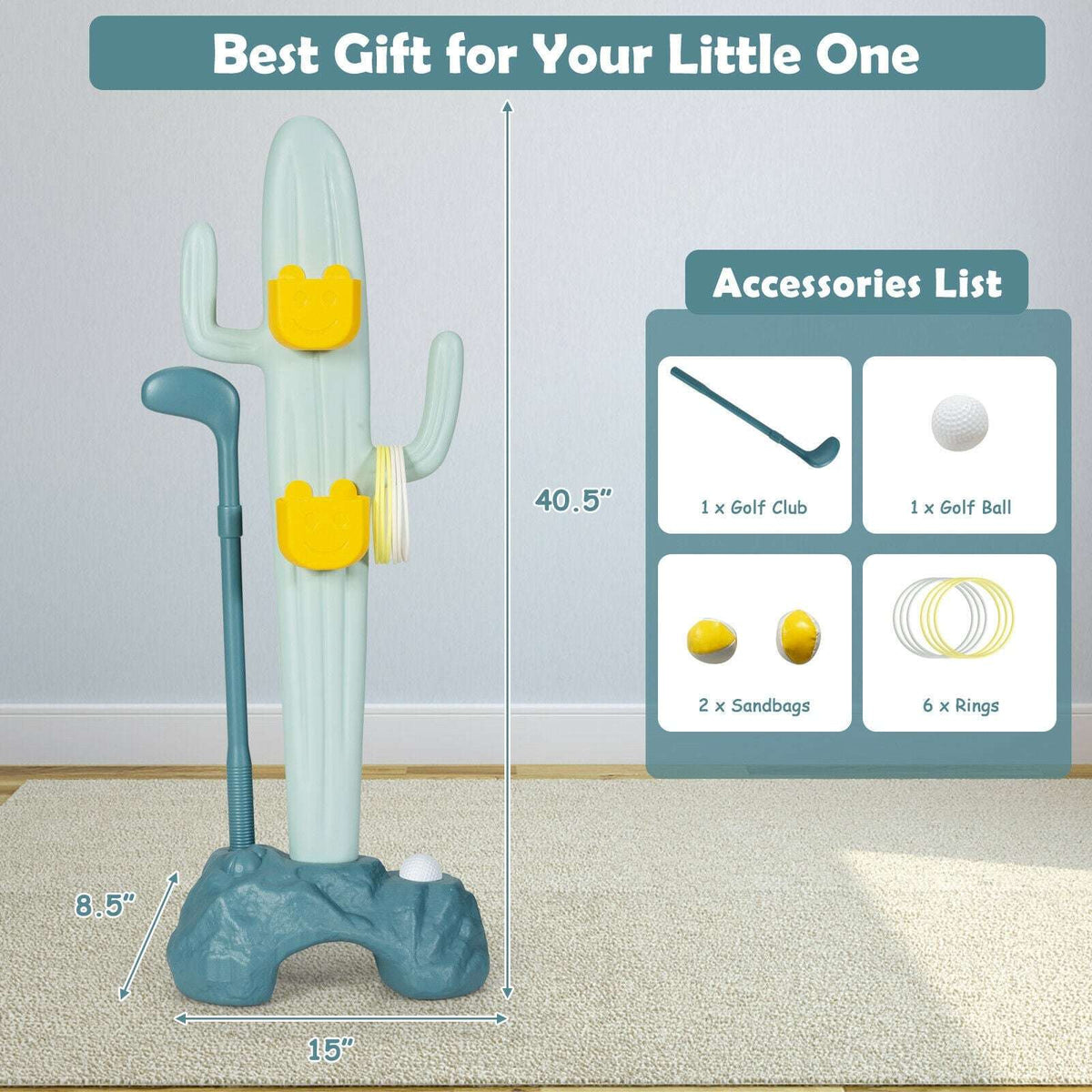 Cactus toy stand with golf club, ball, sandbags, and rings; 40.5 inches tall