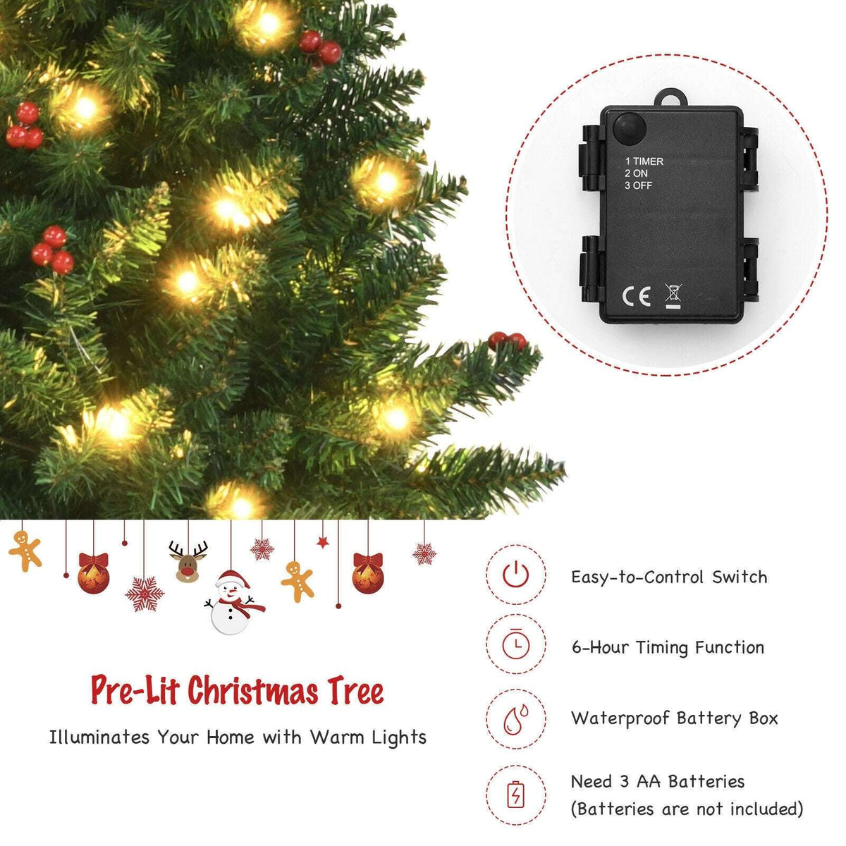 Pre-lit Christmas tree branches with warm lights and red accents, plus timer control box