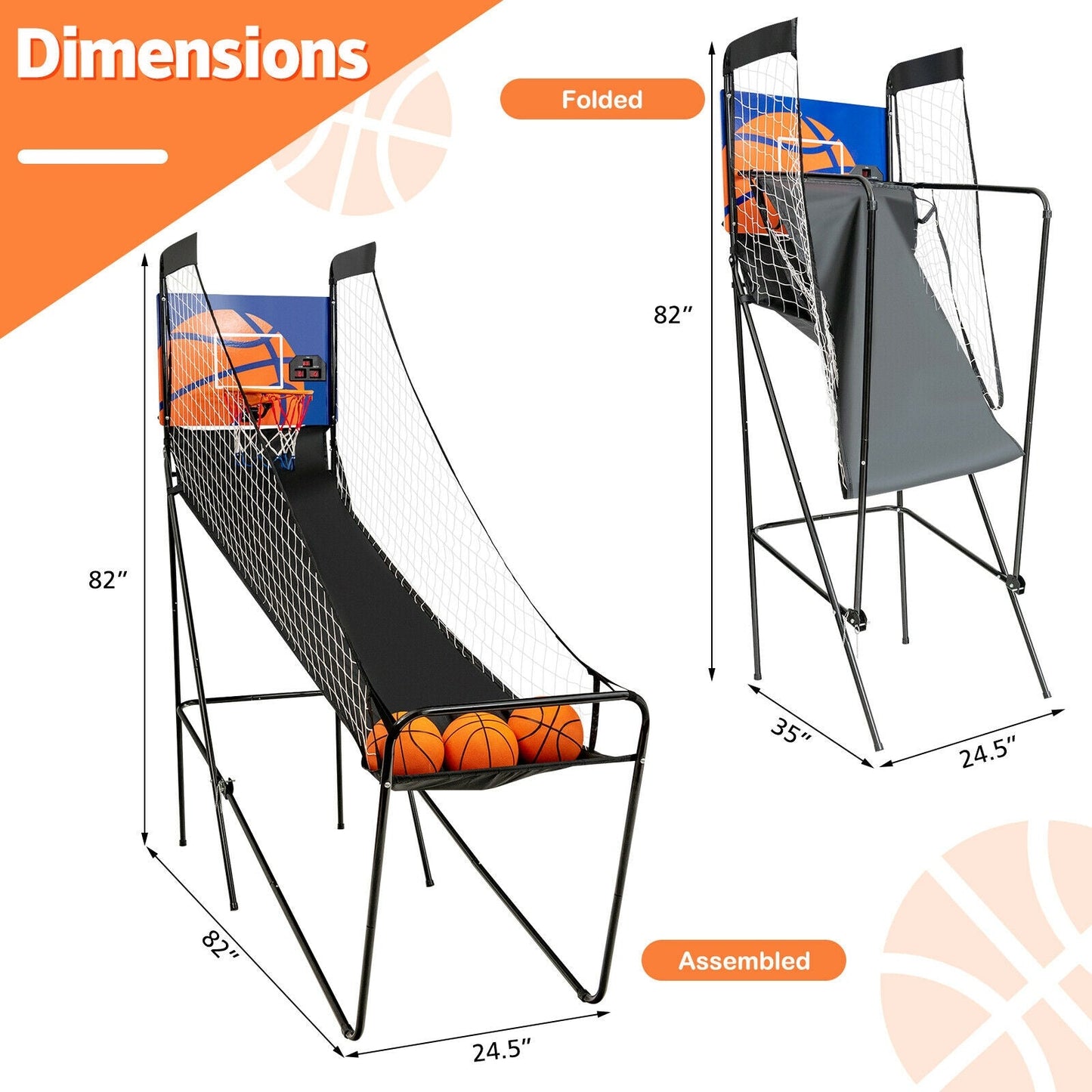 Foldable Basketball Arcade Game | Electronic Scorer | Steel Frame + MDF Backboard | 3 Balls Included