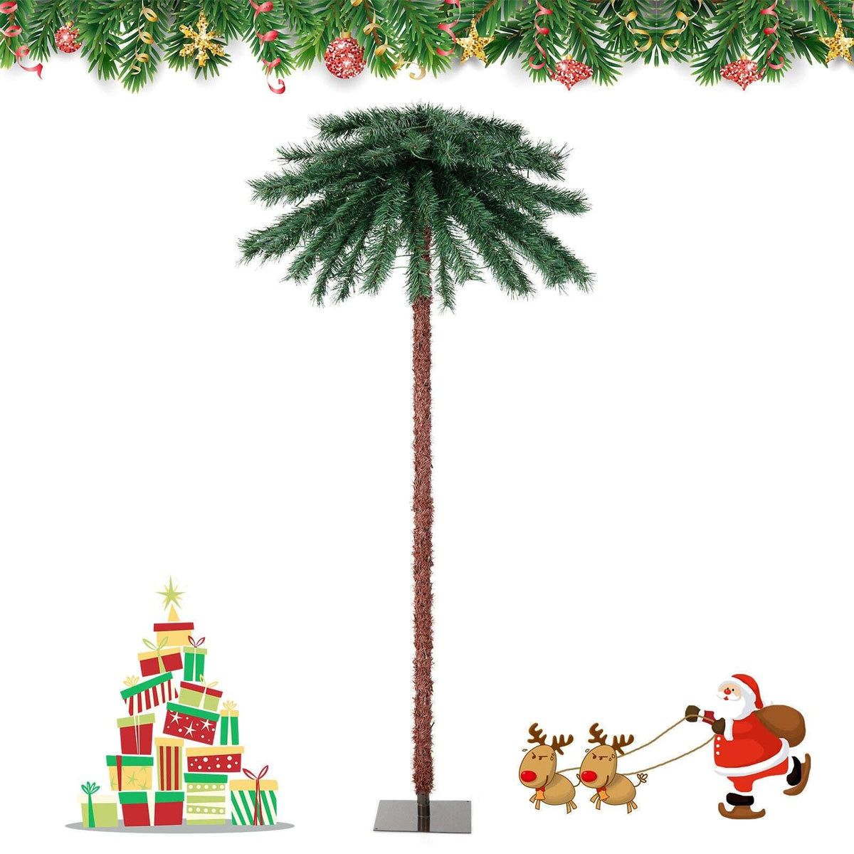 Unlit artificial palm Christmas tree with green fronds, brown trunk, and square base