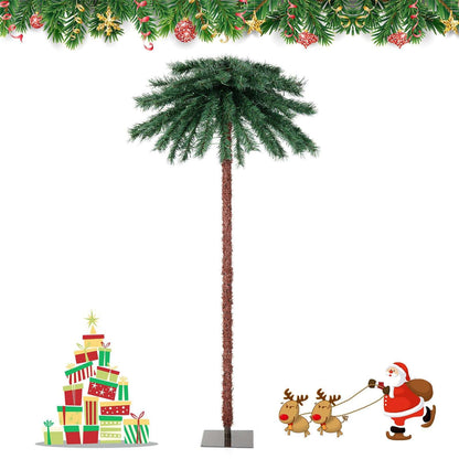 Unlit artificial palm Christmas tree with green fronds, brown trunk, and square base