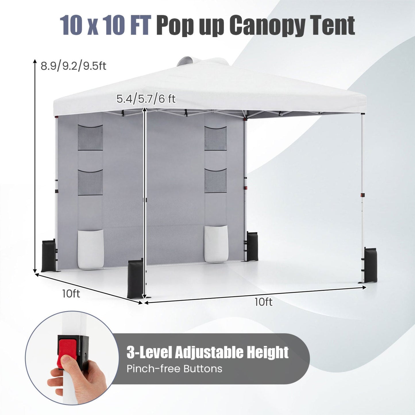 10×10 FT Pop-Up Canopy Tent | Sidewall | 3-Level Height | Silver-Coated Top | Gray, White or Blue
