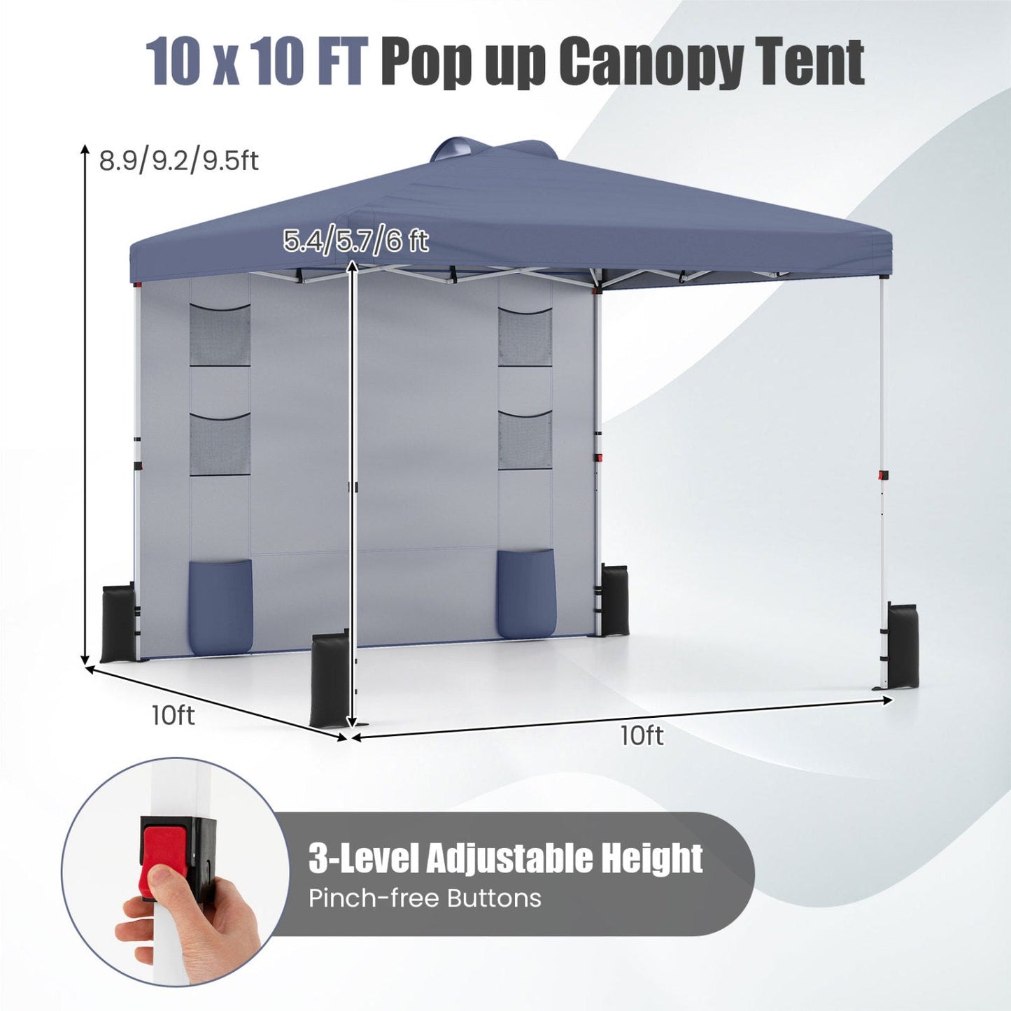 10×10 FT Pop-Up Canopy Tent | Sidewall | 3-Level Height | Silver-Coated Top | Gray, White or Blue