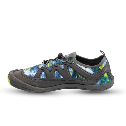 Gray water-style athletic shoe with blue and green tie-dye panels, lace-up front