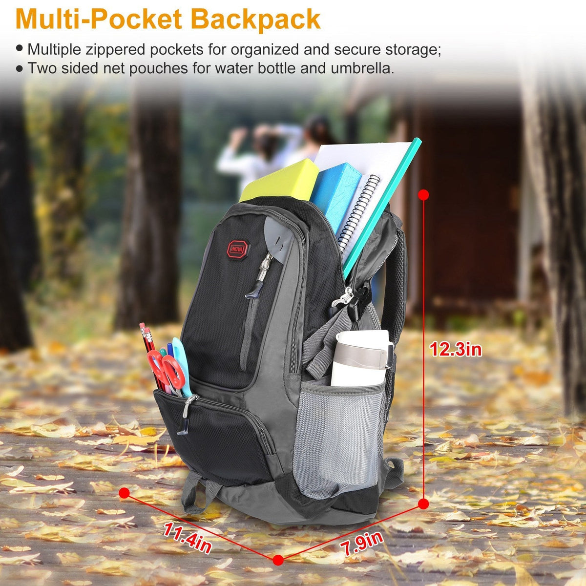 Unisex Nylon Backpack – Lightweight 1.4 lb | Dual Water Bottle Pockets, Multiple Zip Compartments | School, Travel & Gym