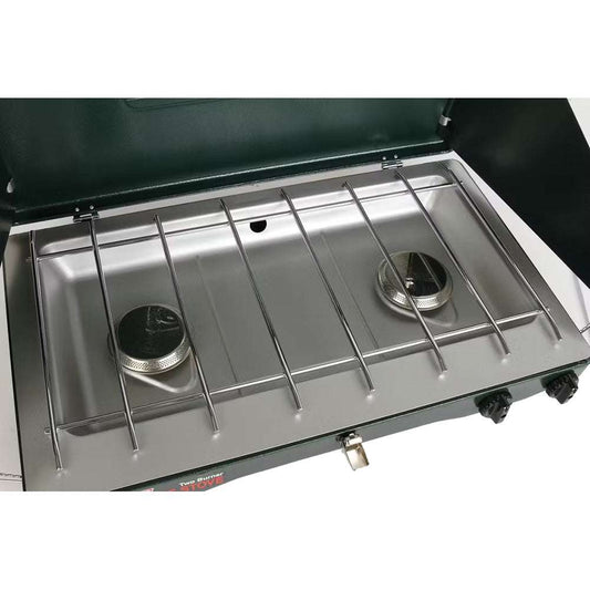 Two-burner propane stove with metal grates and burners, open cooking surface, dark green