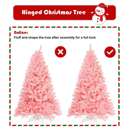 Pink hinged Christmas tree shown before and after branch shaping