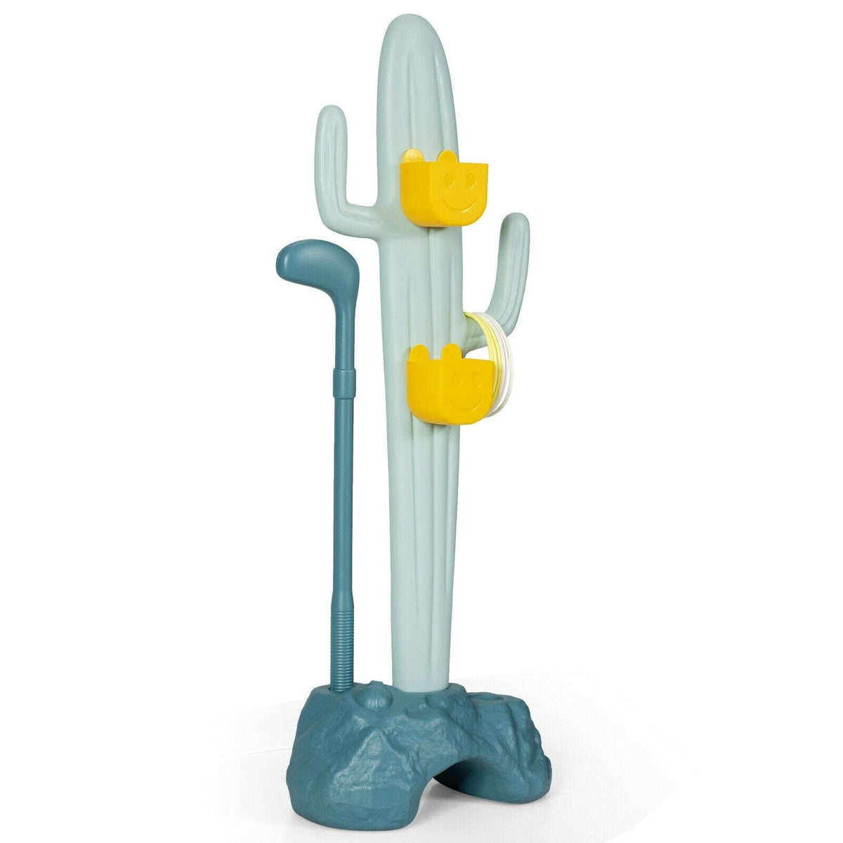 Cactus-shaped toy stand with yellow buckets, rings, golf club, and rocky base