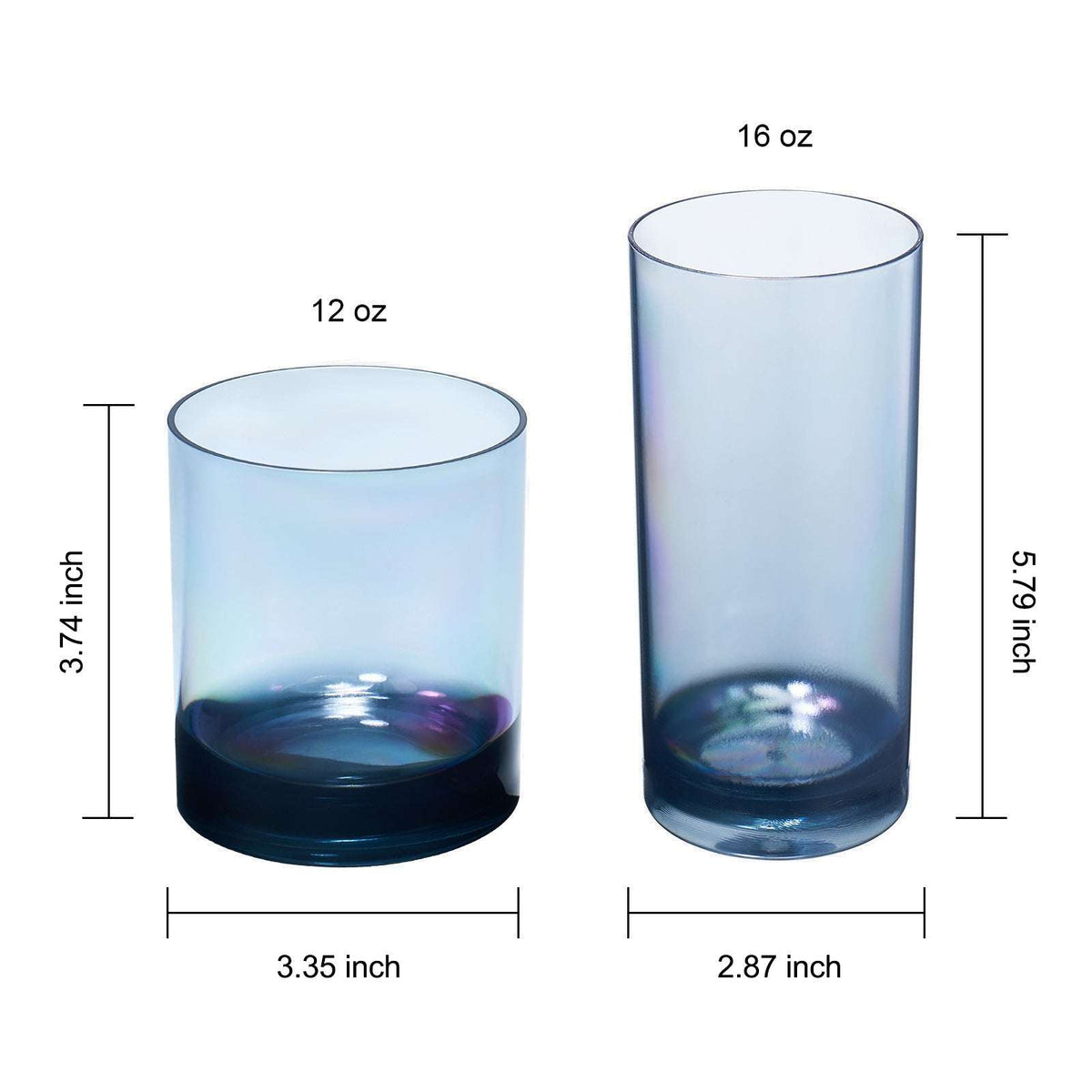 12 oz and 16 oz acrylic tumblers, blue-tinted, with height measurements