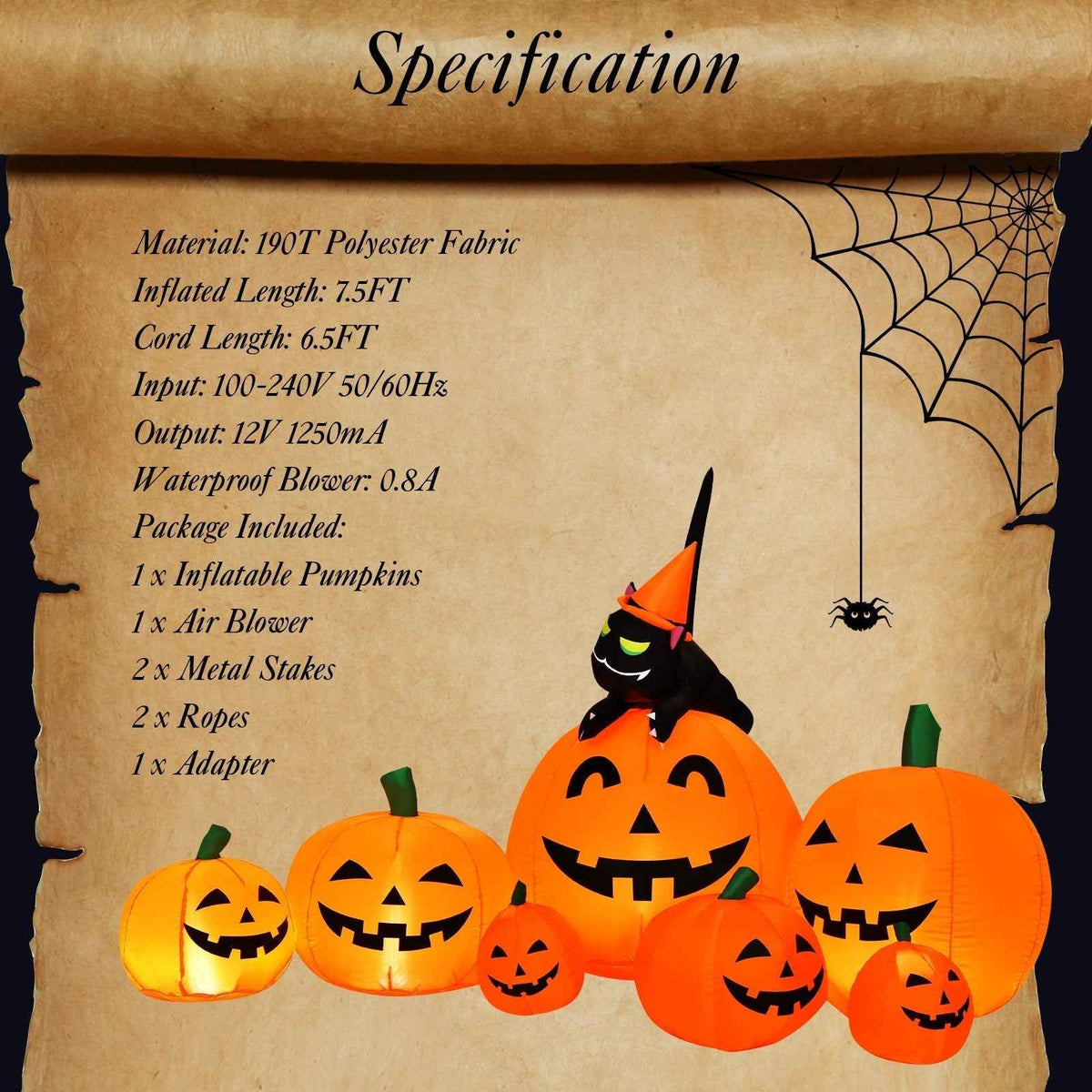 7.5 Feet Halloween Inflatable Pumpkin Combo with Witch & Black Cat