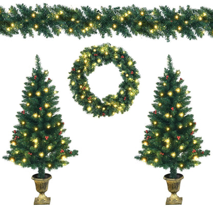 Pre-lit Christmas set with two potted trees, wreath, and a long garland