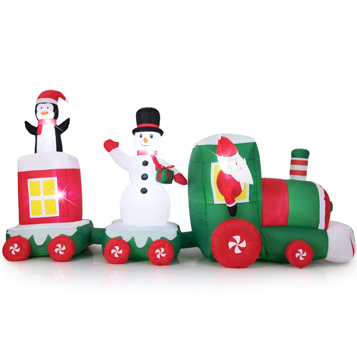 Inflatable Christmas train with green and red engine, Santa, snowman, and penguin