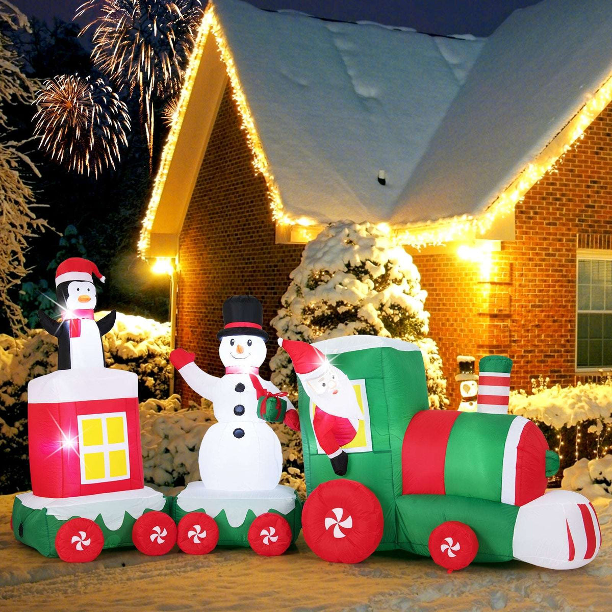 11.5-foot Christmas inflatable train with Santa, snowman, penguin, and LED lights