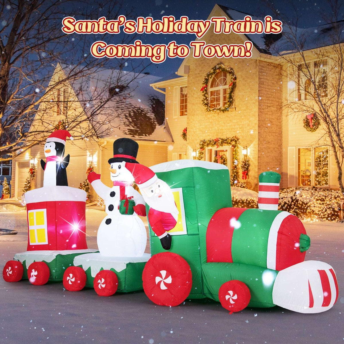 Inflatable Christmas train with Santa, snowman, penguin, and glowing LED lights
